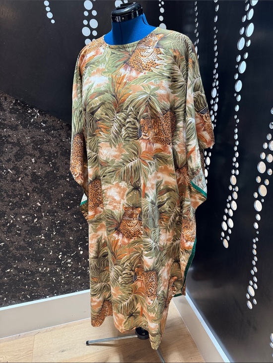Vintage Dresses & Skirts - Vintage Leopard & Palm Caftan — Green & Rust